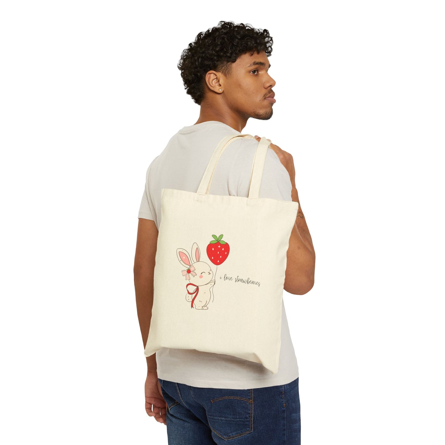 Cute Bunny Strawberry Cotton Canvas Tote Bag | Eco-Friendly Gift, Easter Tote, Grocery Shopping, Reusable Bag, Animal Lover