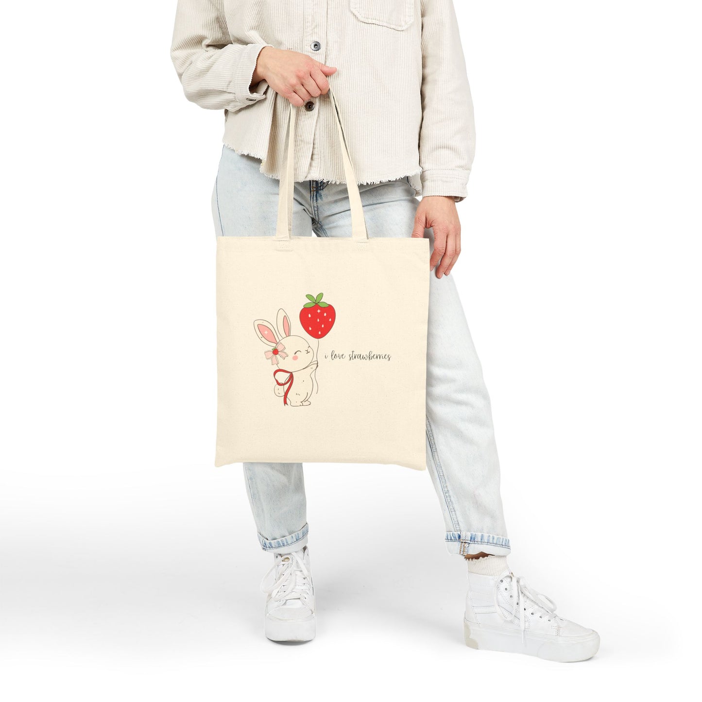 Cute Bunny Strawberry Cotton Canvas Tote Bag | Eco-Friendly Gift, Easter Tote, Grocery Shopping, Reusable Bag, Animal Lover