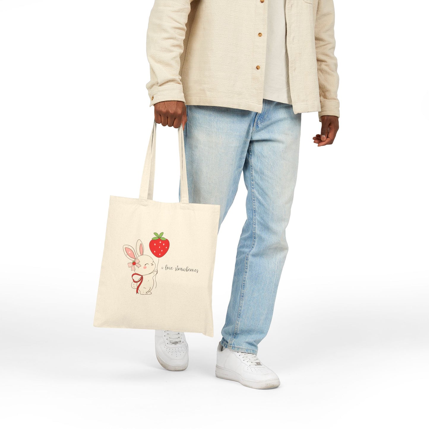 Cute Bunny Strawberry Cotton Canvas Tote Bag | Eco-Friendly Gift, Easter Tote, Grocery Shopping, Reusable Bag, Animal Lover