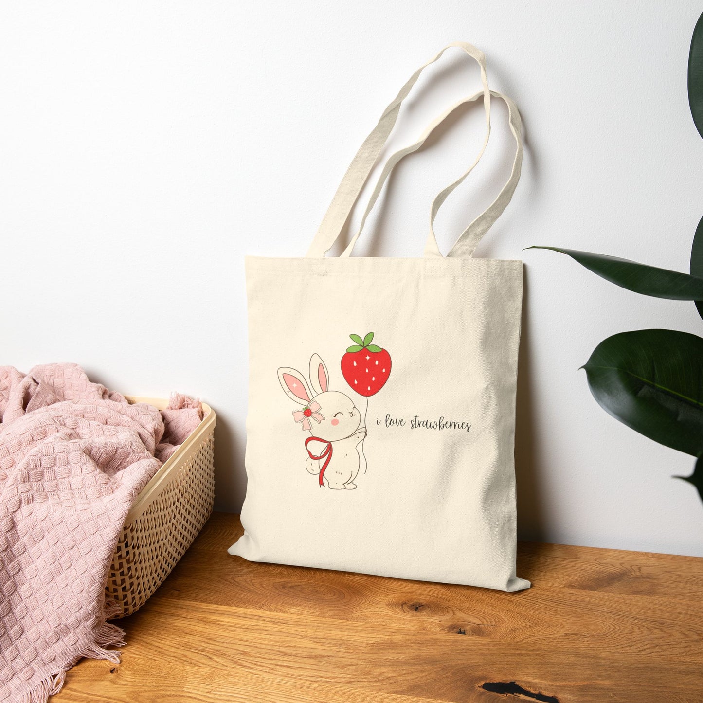 Cute Bunny Strawberry Cotton Canvas Tote Bag | Eco-Friendly Gift, Easter Tote, Grocery Shopping, Reusable Bag, Animal Lover