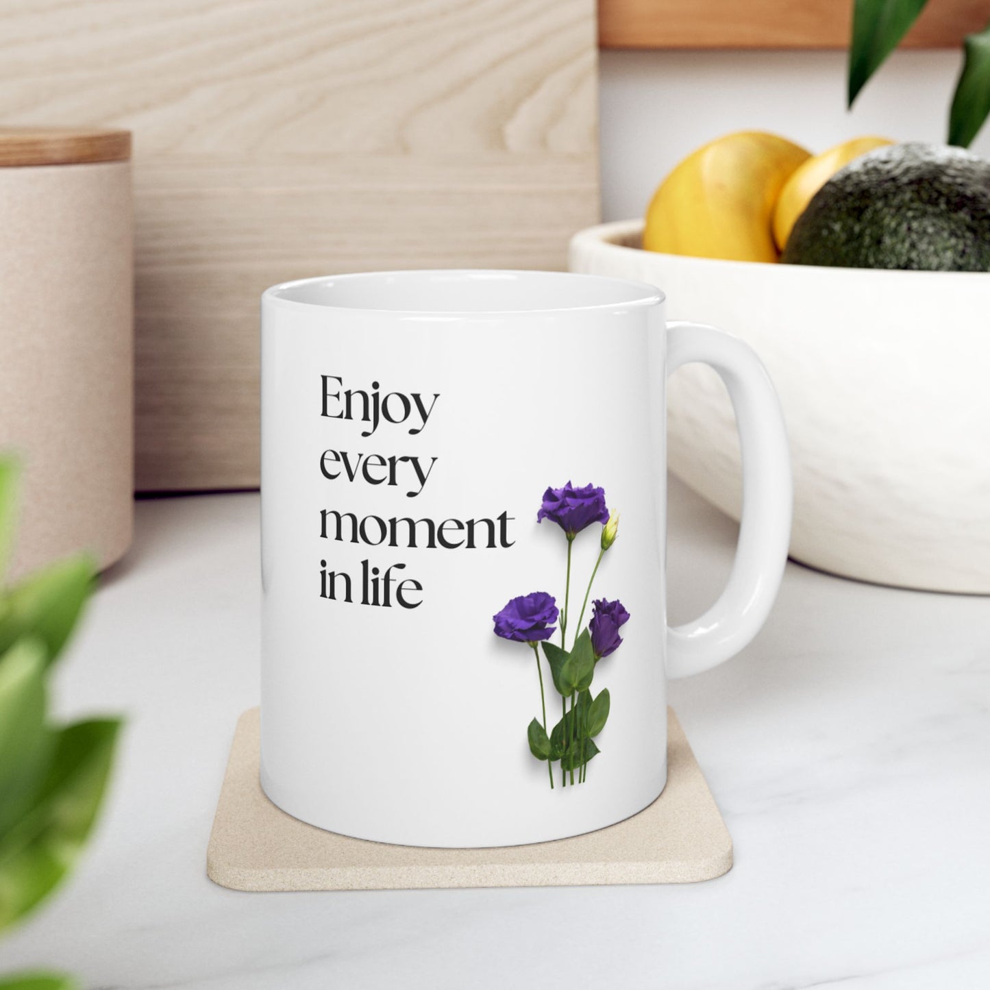 Inspirational Floral Ceramic Mug | Enjoy Every Moment | Gift for Friends, Tea Lovers, Coffee Enthusiasts, Motivational Decor