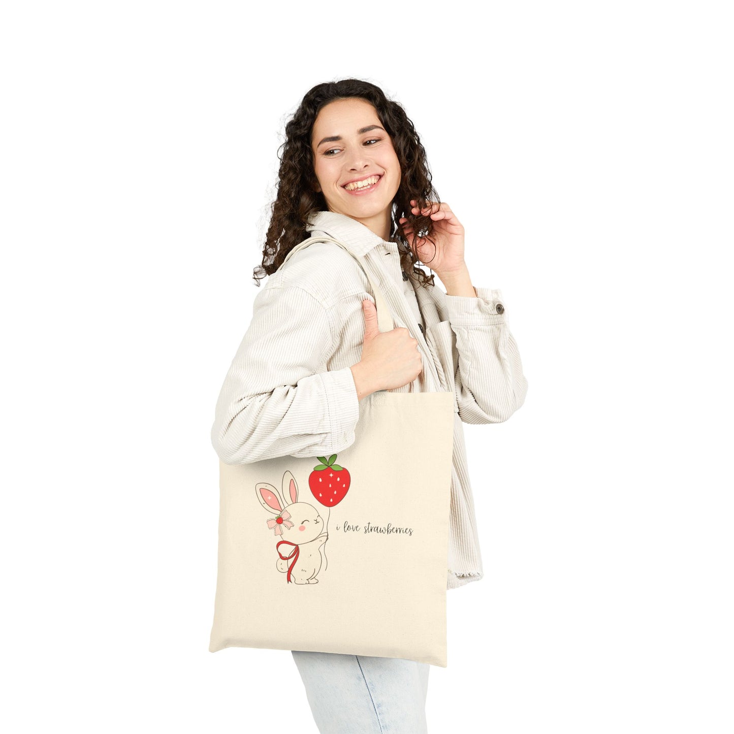 Cute Bunny Strawberry Cotton Canvas Tote Bag | Eco-Friendly Gift, Easter Tote, Grocery Shopping, Reusable Bag, Animal Lover